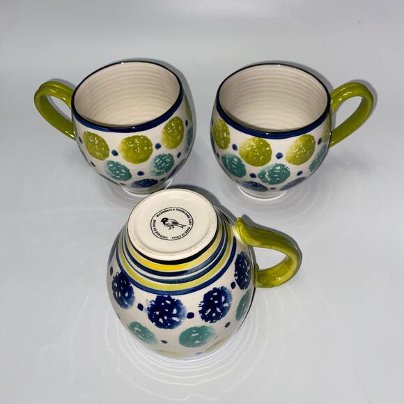 3 Anthropologie Bubble Shaped Kantha Spongeware Dots & Stripes Coffee Tea Mug - Picture 1 of 8